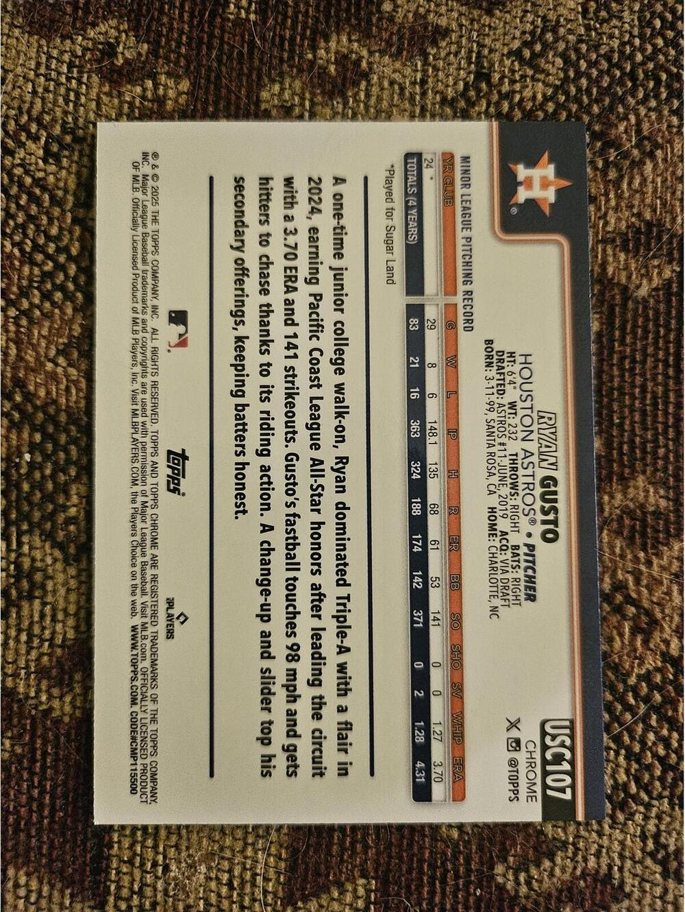 2025 Topps Chrome Update - Ryan Gusto - RC  #USC107 - Astros - RAW Mint - Picture 2 of 2